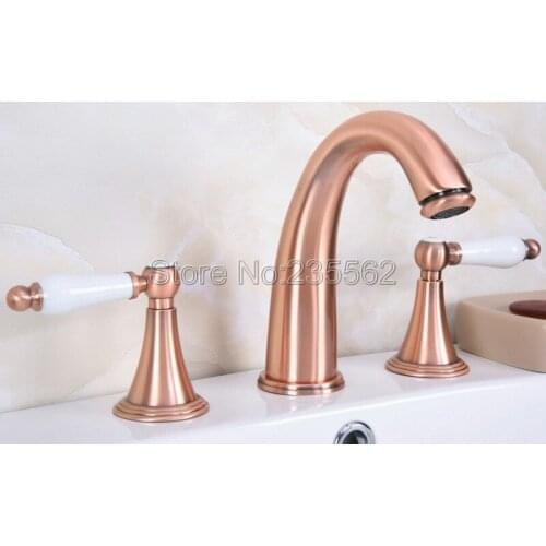 Antique Red Copper Dual Handle Bathroom Basin and Sink Mixer Faucet 3 Hole Deck Mounted Widespread Taps lrg069