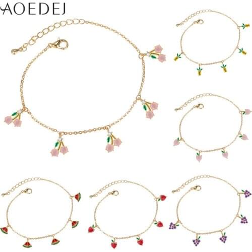 AOEDEJ 1PC Cute Cherry Grape Apple Fruit Pendant Bracelets For Women Girls 14K Gold Plated CZ Crystal Hand Chain Party Jewelry