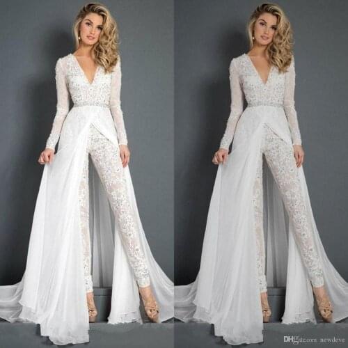 White Jumpsuits Prom Dresses Beaded Lace Deep V Neck Formal Evening Gowns Long Sleeve Sweep Train Special Occasion Pants Dress