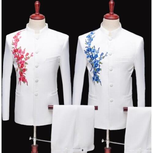 Blazer men embroidery Chinese tunic suit set with pants mens wedding suits costume singer star style stage clothing formal dress