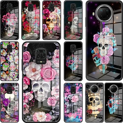 Flower Skull Tempered Glass Phone Case For Redmi Note 9S 8 Pro 9 7 8T 10 Max 9C K40 9A 8A 9T K30 5G Cover Fundas Bag