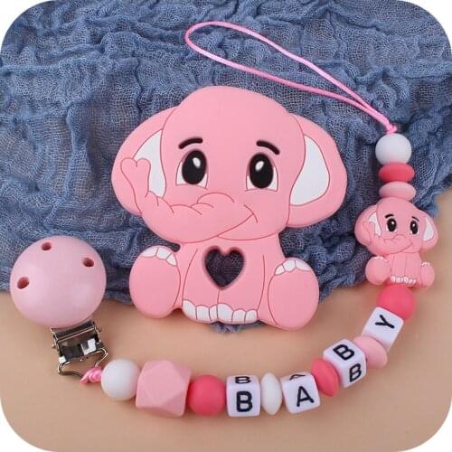 Customized Name Newborn Infant Baby Pacifier Clips Chain Elephant Silicone Beads Teether Toy Dummy Holder Baby Pacifier Chain