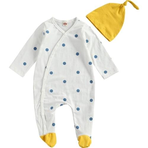 Toddlers Spot/Stripe Printing Jumpsuit Set, Infants Long Sleeve Long Pants Romper Suit, Babies Round Collar Clothing with Hat