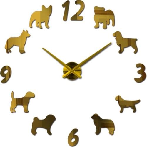 Quartz wall Clock Watch Wall Clocks Horloge 3d Dog pattern Acrylic Mirror Stickers modernHome Decoration Living Room