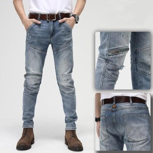 Mens Slim Hole Jeans Casual Clothes Motorcycle Denim Pants Fashion Men Clothing Elasticity Jean Splice Stitching Trousers