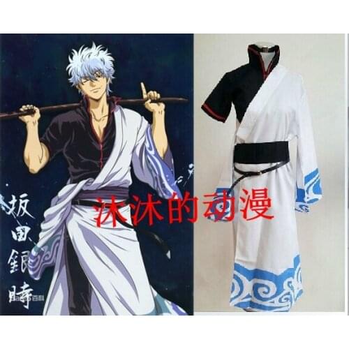 Halloween Anime Gintama Clothes Silver Soul Sakata Gintoki cosplay Costume 5in1 full set White Cloak+Black Top+Pants+Belt+Girdle