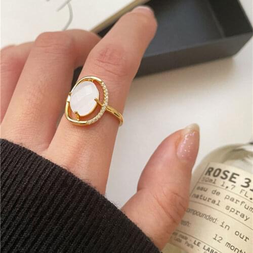 925 Sterling Silver Oval Stone Open Rings For Women Retro Simple Party Accessories Gifts