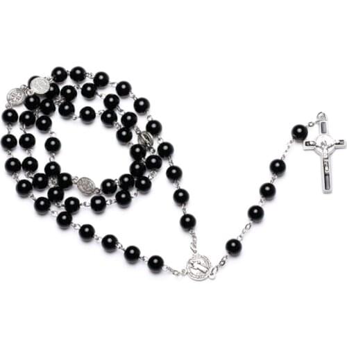 Black Glass Round Bead Christ Jesus Cross Religious Necklace Catholic Rosary Necklace Church Souvenirs Prayer Pendant Necklace