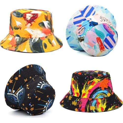 2021 Vintage Double Side Harajuku Bucket Hat Women Men Hip Hop Fishing Outdoor Cap Fishing Sun Hats Sunscreen Fisherman Hat