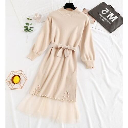 Sweater Dress Women O-neck Long Sleeve Knit Dress with Belt Fashion Puff Sleeve Sweater Dress Chic Beading Women Mesh Dress Suit