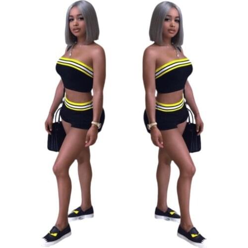Sexy 2 Piece Short Sets Striped Women Summer Outfits Strapless Crop Top and Biker Shorts Girl Tracksuit Sweatsuit Matching Sets