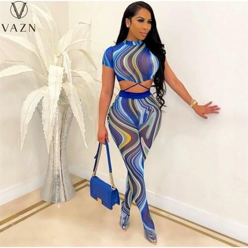 VAZN 2021 New Design Street Style Sexy Sleeveless Striped Print 2 Piece Set Bandage Women Top And Pant Summer