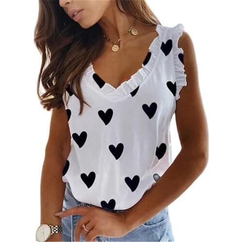 New Design Good Quality Factory Price Fashion Hot Selling Womens Love Print V-Neck Ruffled Pleated T-Shirt Top