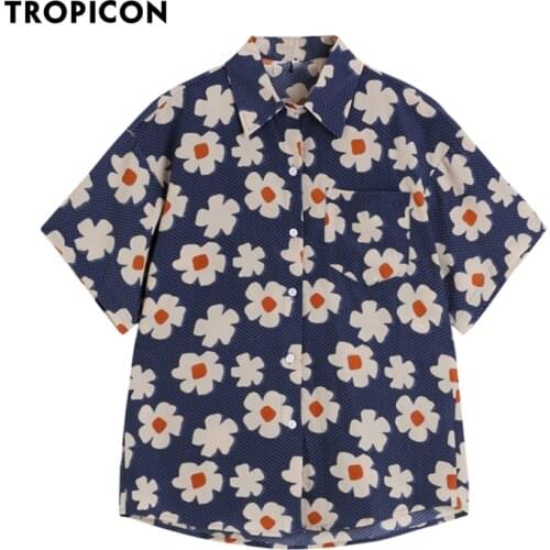 TROPICON Daisy Floral Shirt For Women Vintage Blue Short Sleeve Button Up Collared Shirt Summer Blouse 2021 Korean Fashion Top