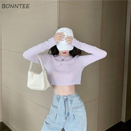 T-shirts Women Long Sleeve Fashion Summer Ulzzang Straight All-match Solid Sun-proof Breathable Round Neck Thin Female Crop Tops