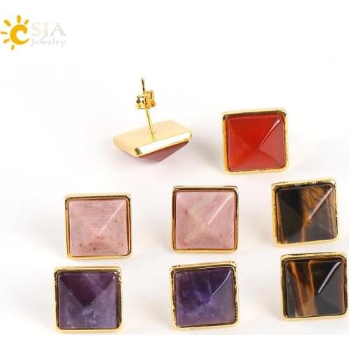 CSJA Square Gold Color Women Stud Earrings Ear Nails Natural Gem Stone Opal White Crystal Red Black Hiphop Wedding Jewelry E595