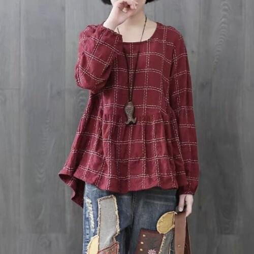 Women autumn plaid Loose Tees Shirts Casual Solid Color Cute Tops Ladies Fall Spring Cotton Linen Plaid T-shirts Tee Shirt