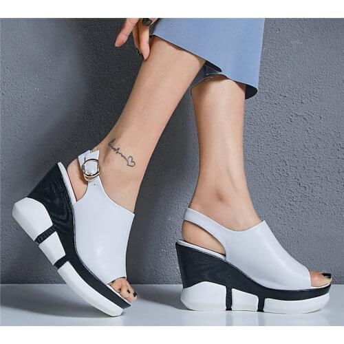 Creepers Women Back Strap Genuine Leather Wedges High Heel Gladiator Sandals Female Open Toe Summer Platform Pumps Casual Shoes