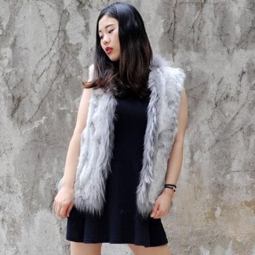 CX-G-B-35B 2016 Oversize Spring Winter Real Patchwork Rabbit Fur Girls Fashion Fur Vest With Raccoon Fur Collar