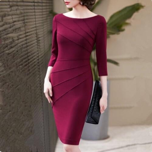 2021 New Arrival Spring Fall Three Quarter Sleeve Dress Women Cotton Sim Bodycon Office Ladies Work Casual Party Work Wear Dress