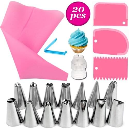 20PCS Justdolife Cake Decorating Tools Reusable Silicone Piping Bag Icing Tip Cake Scraper DIY Cake Decorating Tips Baking Tool