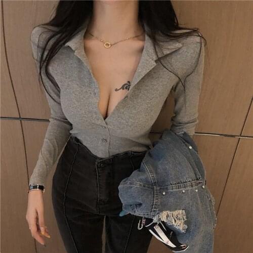 2020 collar pure color bottom shirt long sleeve sexy body to put on dress T-shirt