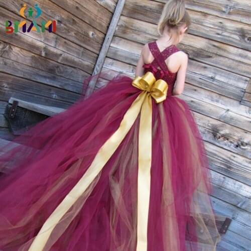 2020 Handmade High Quality Burgundy Pageant Birthday Party Girl Dress with Removable Long Train Children Teenage Tail Dress