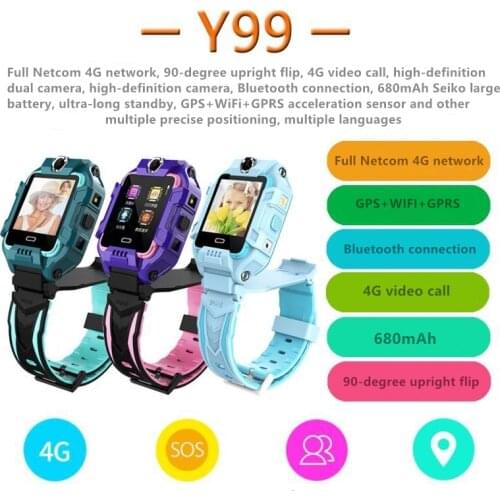 4G Kids Smart Watch 90 degree upright flip Y99 GPS WIFI LBS Tracker Phone Watch SOS Video Call for Children Anti Lost Monitor