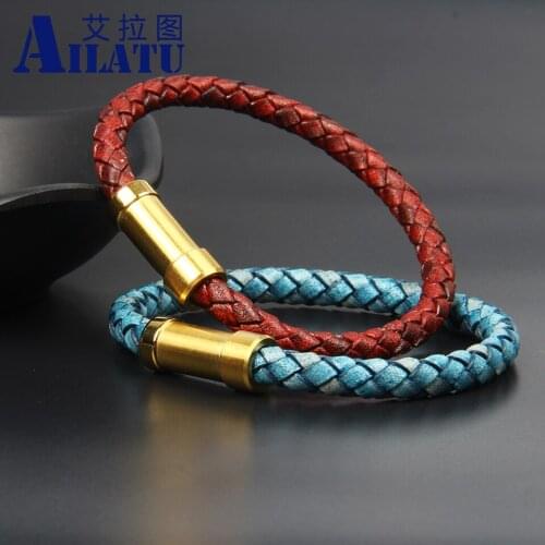 Ailatu 10pcs New Vintage Genuine Leather Stainless Steel Buckle Bracelet Men Women Fashion Birthday Gift