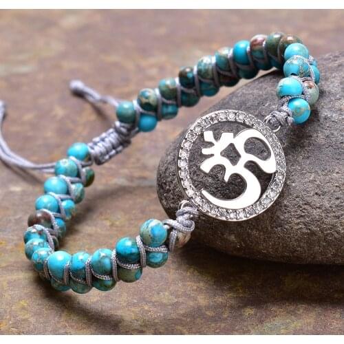 Natural Light Blue Sea Sediment Jasper Wire Wrapped Braided Bracelet with Om Charm Chakra Bracelet for Women Friendship Jewelry