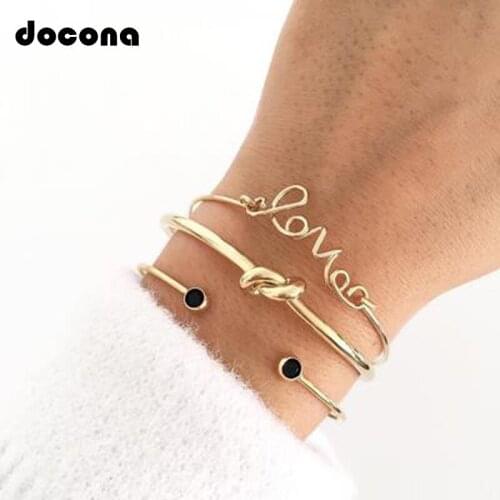 Docona Bohemian Gold Color Knot Letter Bangle Bracelet Set for Women Open Adjustable Bracelet Boho Jewelry 3pcs/1set 6387