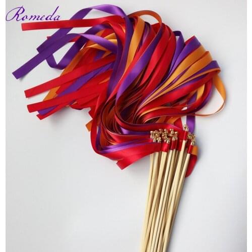 Hot Selling 50pcs/lot Purple Red Orange Wedding ribbon wands with gold bell for wedding decoration
