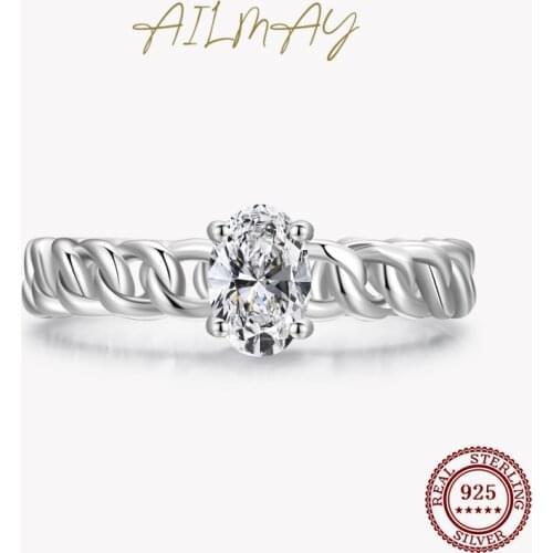 Ailmay Real 925 Sterling Silver Oval Clear Zircon Braided Texture Ring For Fashion Women Fine Jewelry wedding Accessories