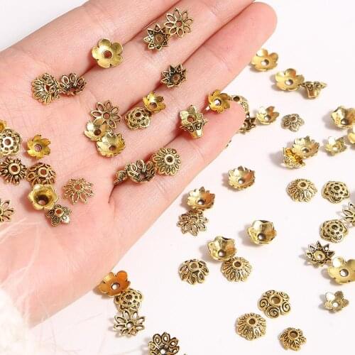 50-100Pcs/lot Fashion Alloy Antique Gold Color Flower Bead End Caps For Jewelry Making Necklace Earring Findings DIY Accessories