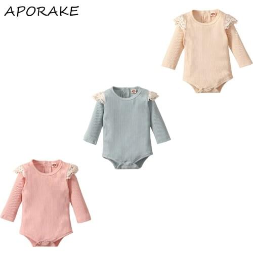 2021 3-24M Infant Baby Girl Jumpsuit Flower Lace Shoulder Solid Color Knit Round Neck Long Sleeve Romper Cute Spring Fall Outfit