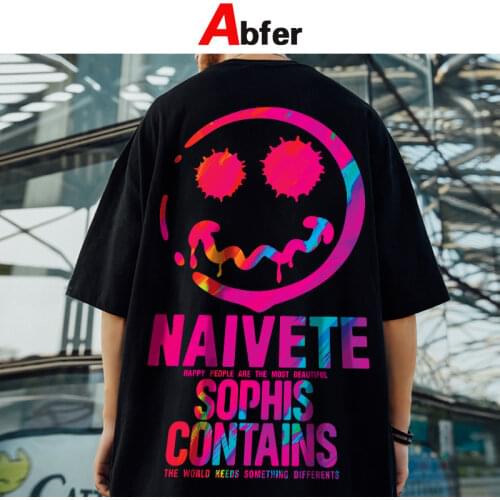 Abfer Smiles Face T Shirt Men Cool T-shirt Japanese Streetwear Harajuku Oversized T Shirt Summer High Street Short Sleeve Tops