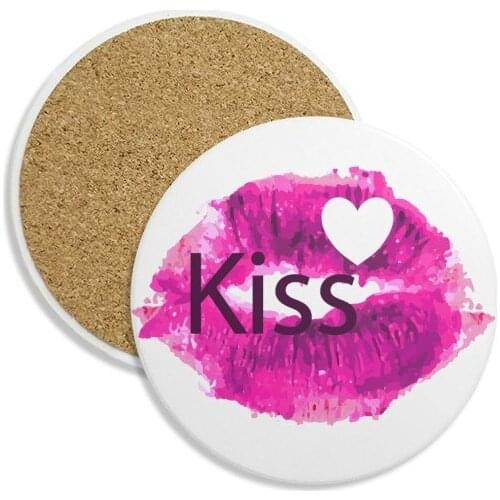 Kiss Love Valentines Day Pink Lip Stone Drink Ceramics Coasters for Mug Cup Gift 2pcs