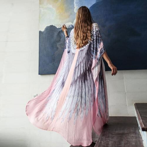 Pink Bohemian Chic Feather Wings Bikini Cover-ups Plus Size Tunic Women Summer Beachwear Swim Suit Cover Up Robe De Plage A926