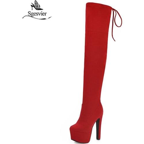 Sgesvier 2020 Square Super High Heel Over The Knee Boots Round Toe Platform Thigh High Boots Flock Lace Up Winter Shoes G744