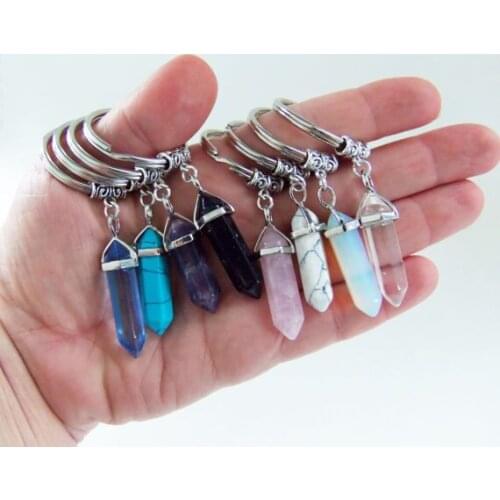 Hexagon Natural Crystal Column Raw Stone Key Clasp Warhead Key Love Heart Agate Clasp Women Charm Pendant Accessories