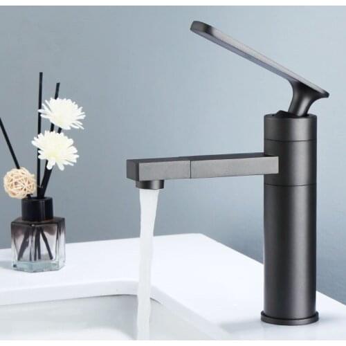 Bathroom Basin Faucets Solid Brass Sink Mixer Tap Hot & Cold Lavatory Crane Vessel Single Handle Deck Mounted Rotatable Gun Grey