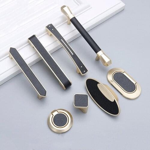Light Luxury Gold+Black Leather Knobs and Pulls Modern Cabinet Handles Wardrobe Drawer Pulls Door Handle Furniture Hardware