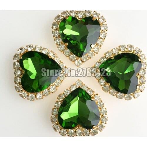 Grass green 12mm heart shape Crystal buckle, gold base Glass sew on rhinestones use for diy/clothing accessories SKHJ22