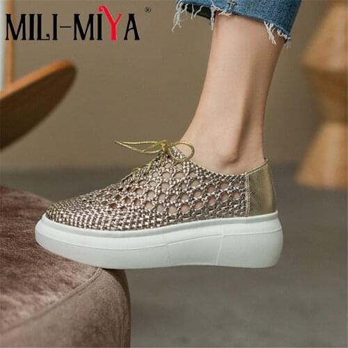 MILI-Miya New Arrival Hollow And Breathable Women Cow Leather Flats Lace Up Solid Color Platform Casual Street Shoes