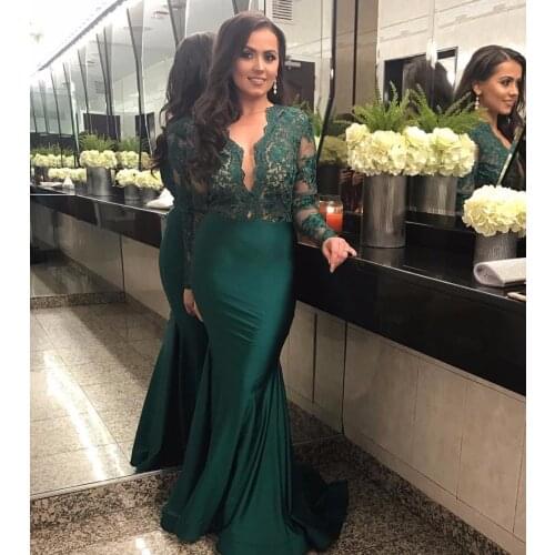 Long Sleeve Arabic Evening Dress Dark Green Lace Elastic Satin Floor Length Mermaid Prom Gowns 2019 Custom Made Long Women Dress