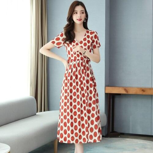 Printed Dress Womens 2020 Summer New Polka Dot Large Size Temperament V-neck Chiffon Hepburn Short-sleeved Dresses Female Z933