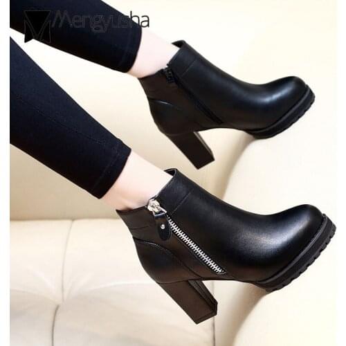 Pointed side zipper platform leather boots women thick high heels ankle botas mujer invierno cowboy black rubber booties c74