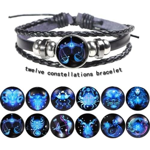 2021 Trend Zodiac Charm Aries Pisces Capricorn Leo 12 Zodiac Sign Bracelet Women Men Handmade Braided Genuine Leather Bracelet