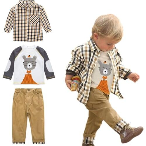 3-piece Boys Plaid Jacket + Long-sleeved T-shirt + Jeans Suit Children Clothing Spring Autumn Cotton Kids Clothes