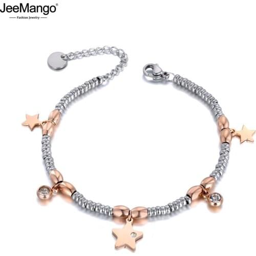 JeeMango Titanium Stainless Steel CZ Crystal & Star Charm Bracelets For Women Girl Rose Gold Chain Link Bracelet Jewelry JB19105